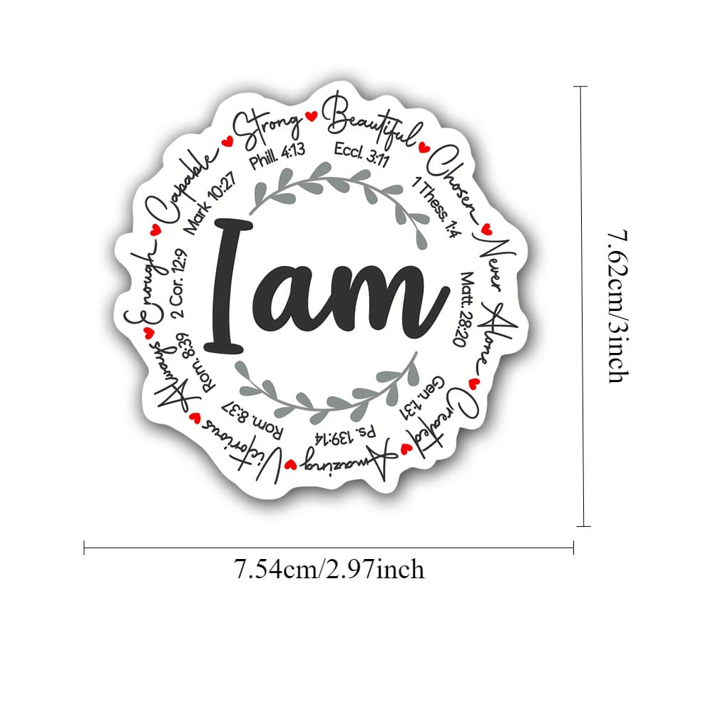I Am Bible Verse Wreath Decor Sticker, Inspirational Positive Affirmation Laurel Wreath Heart Graphic Self-Adhesive Decal, Ornament For Laptop Phone Car Window Motorcycle Religious Faith Gift