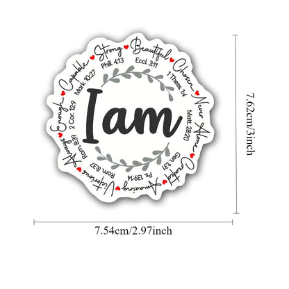 I Am Bible Verse Wreath Decor Sticker, Inspirational Positive Affirmation Laurel Wreath Heart Graphic Self-Adhesive Decal, Ornament For Laptop Phone Car Window Motorcycle Religious Faith Gift