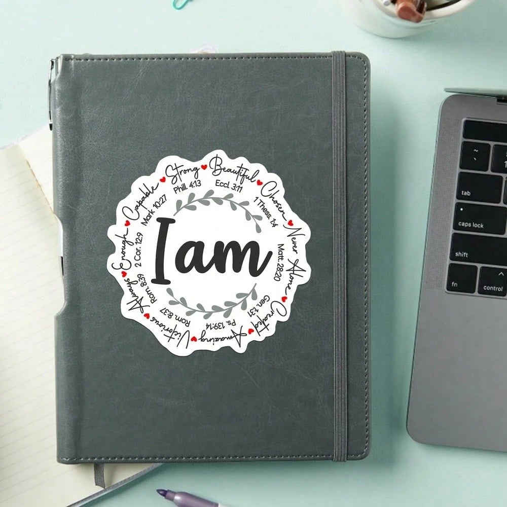 I Am Bible Verse Wreath Decor Sticker, Inspirational Positive Affirmation Laurel Wreath Heart Graphic Self-Adhesive Decal, Ornament For Laptop Phone Car Window Motorcycle Religious Faith Gift