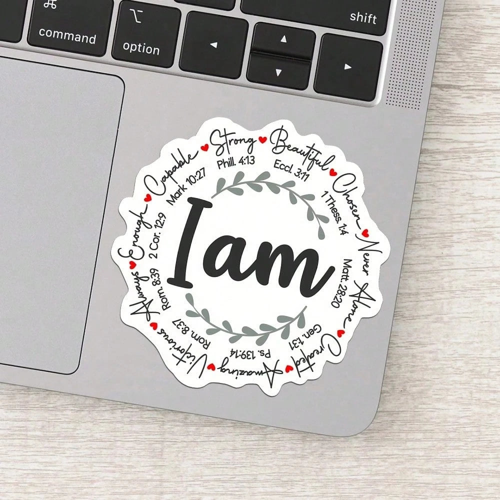 I Am Bible Verse Wreath Decor Sticker, Inspirational Positive Affirmation Laurel Wreath Heart Graphic Self-Adhesive Decal, Ornament For Laptop Phone Car Window Motorcycle Religious Faith Gift