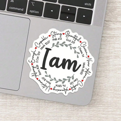 I Am Bible Verse Wreath Decor Sticker, Inspirational Positive Affirmation Laurel Wreath Heart Graphic Self-Adhesive Decal, Ornament For Laptop Phone Car Window Motorcycle Religious Faith Gift