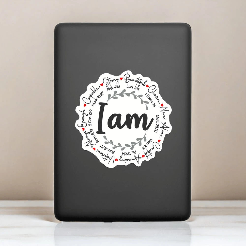 I Am Bible Verse Wreath Decor Sticker, Inspirational Positive Affirmation Laurel Wreath Heart Graphic Self-Adhesive Decal, Ornament For Laptop Phone Car Window Motorcycle Religious Faith Gift