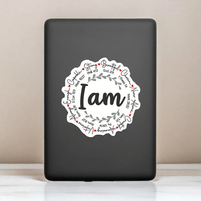 I Am Bible Verse Wreath Decor Sticker, Inspirational Positive Affirmation Laurel Wreath Heart Graphic Self-Adhesive Decal, Ornament For Laptop Phone Car Window Motorcycle Religious Faith Gift