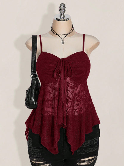 ICON Plus Size Women Knotted Lace Ruffle Asymmetrical Hem Casual Versatile Date Night Camisole Top