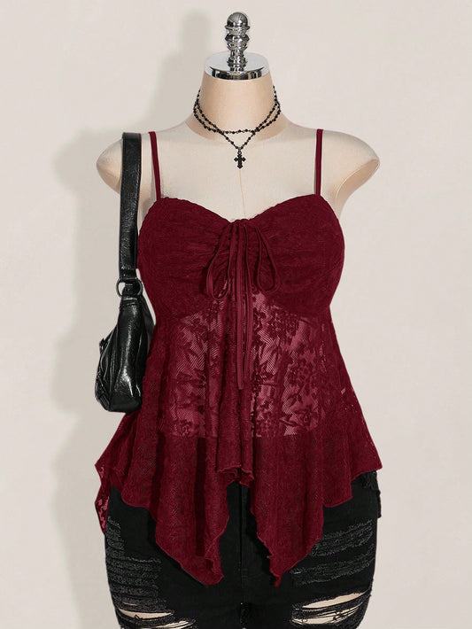 ICON Plus Size Women Knotted Lace Ruffle Asymmetrical Hem Casual Versatile Date Night Camisole Top