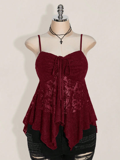 ICON Plus Size Women Knotted Lace Ruffle Asymmetrical Hem Casual Versatile Date Night Camisole Top