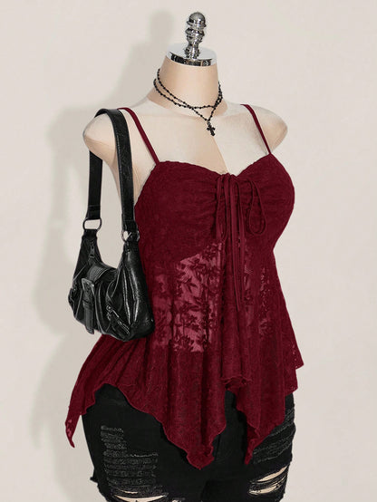 ICON Plus Size Women Knotted Lace Ruffle Asymmetrical Hem Casual Versatile Date Night Camisole Top