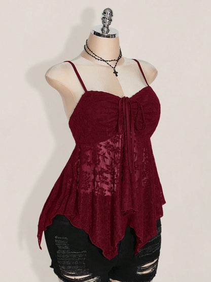 ICON Plus Size Women Knotted Lace Ruffle Asymmetrical Hem Casual Versatile Date Night Camisole Top
