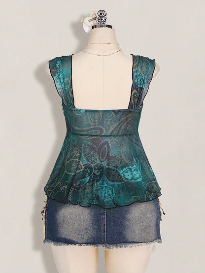 ICON Plus Size Women's Asymmetrical See-Through Mesh Hem Camisole Tank Top,Dark Blue,Summer,Boho,Night Out Club Rave Top,Y2K Style Suitable For Vacation