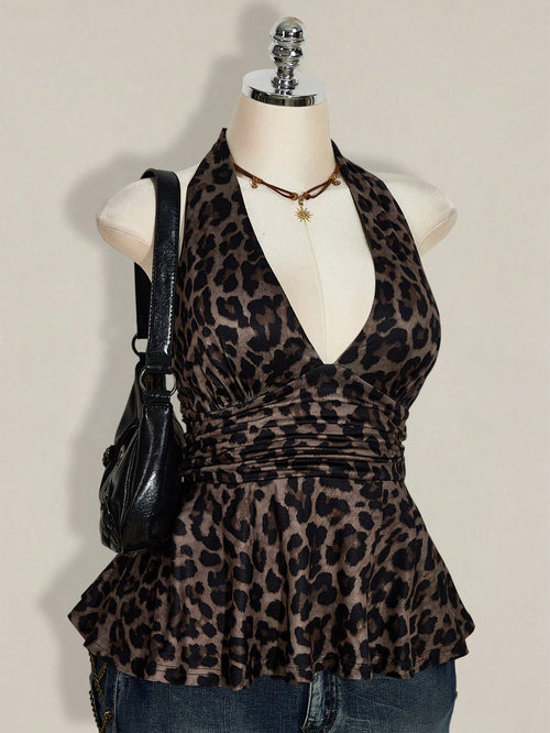 ICON Plus Size Women's Chocolate Brown Summer 70's Night Out Going Out Club Party Leopard Print Deep V Halter Neck Waist Gathered Retro Sexy Y2K Tops