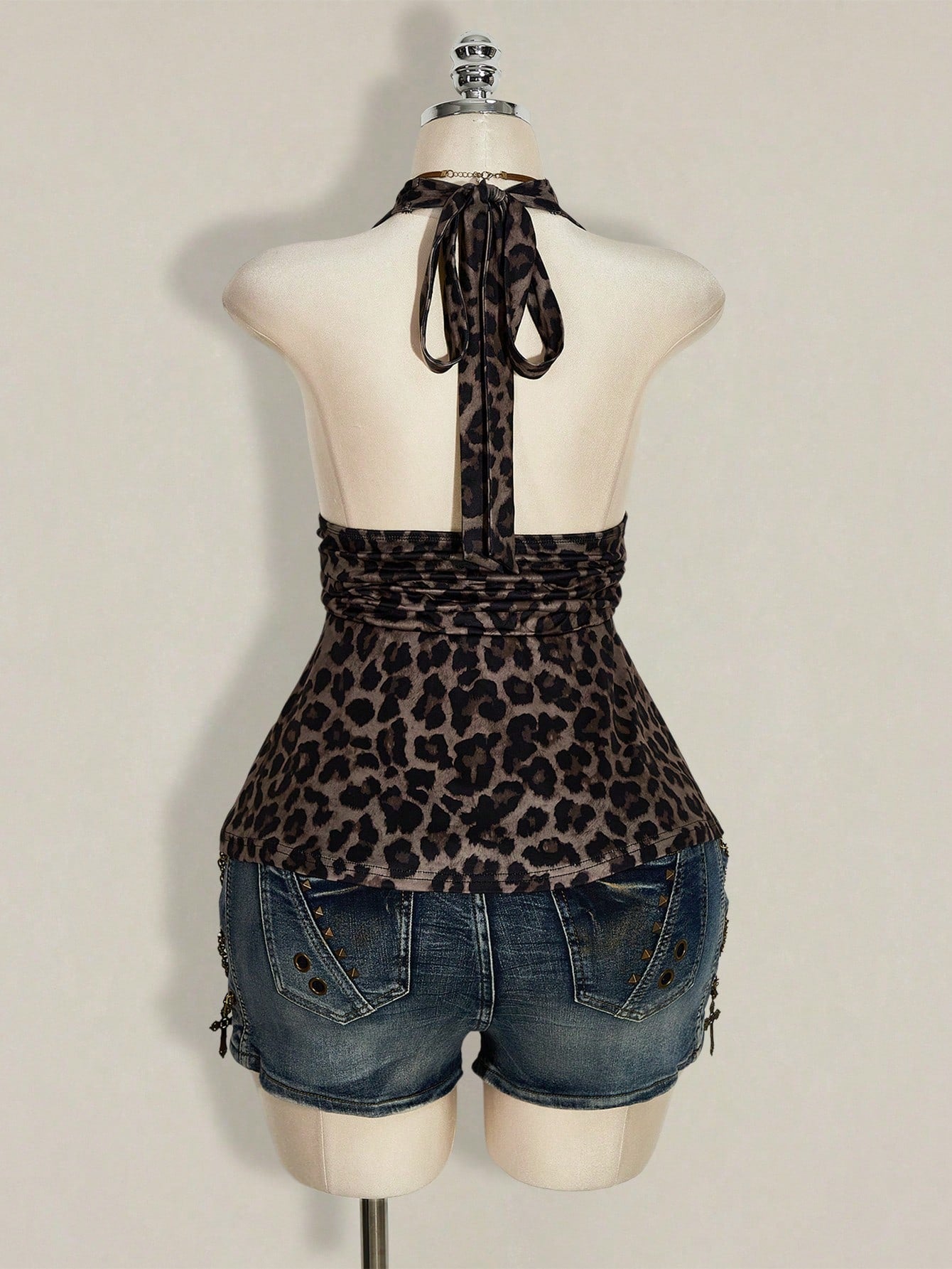 ICON Plus Size Women's Chocolate Brown Summer 70's Night Out Going Out Club Party Leopard Print Deep V Halter Neck Waist Gathered Retro Sexy Y2K Tops