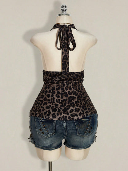 ICON Plus Size Women's Chocolate Brown Summer 70's Night Out Going Out Club Party Leopard Print Deep V Halter Neck Waist Gathered Retro Sexy Y2K Tops