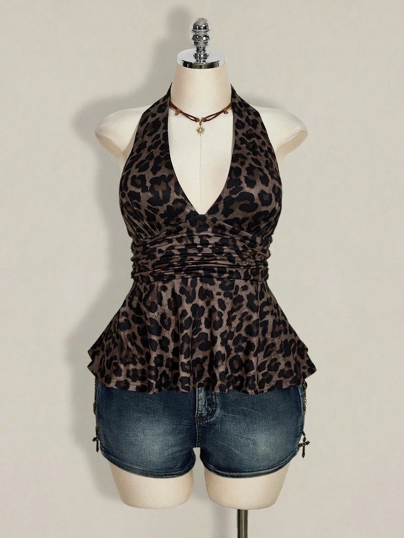 ICON Plus Size Women's Chocolate Brown Summer 70's Night Out Going Out Club Party Leopard Print Deep V Halter Neck Waist Gathered Retro Sexy Y2K Tops