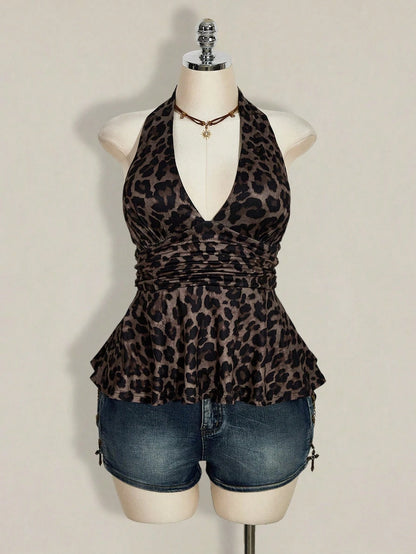 ICON Plus Size Women's Chocolate Brown Summer 70's Night Out Going Out Club Party Leopard Print Deep V Halter Neck Waist Gathered Retro Sexy Y2K Tops