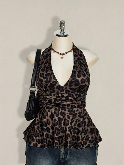 ICON Plus Size Women's Chocolate Brown Summer 70's Night Out Going Out Club Party Leopard Print Deep V Halter Neck Waist Gathered Retro Sexy Y2K Tops
