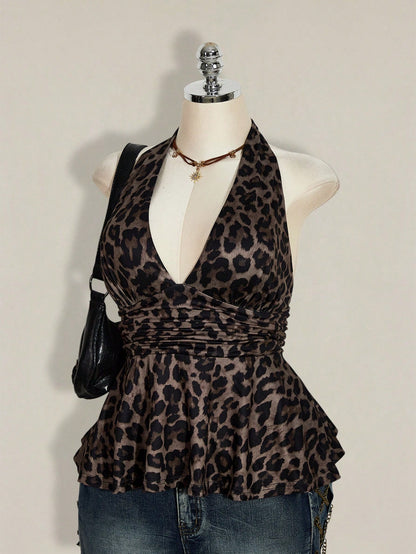ICON Plus Size Women's Chocolate Brown Summer 70's Night Out Going Out Club Party Leopard Print Deep V Halter Neck Waist Gathered Retro Sexy Y2K Tops