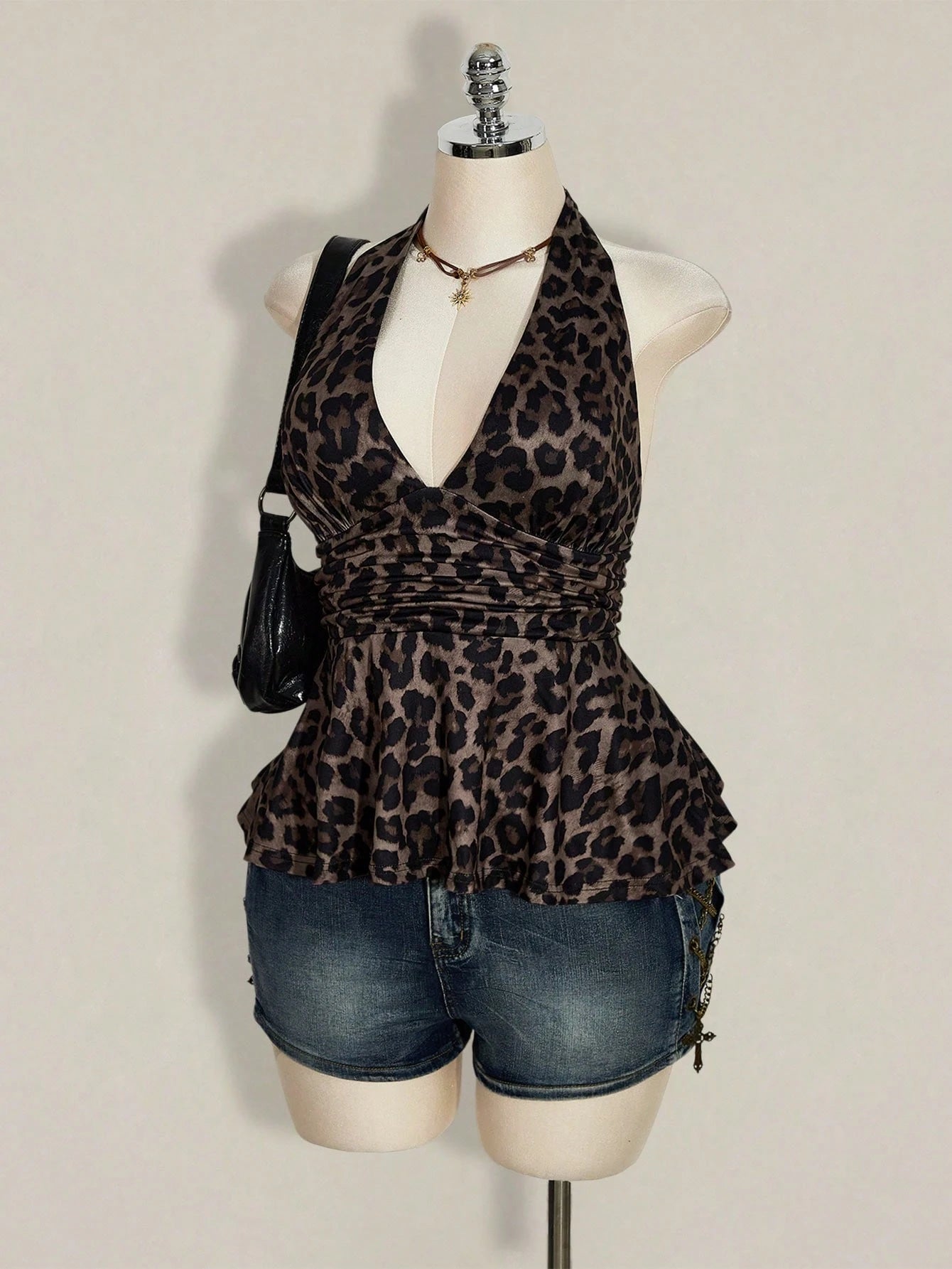 ICON Plus Size Women's Chocolate Brown Summer 70's Night Out Going Out Club Party Leopard Print Deep V Halter Neck Waist Gathered Retro Sexy Y2K Tops