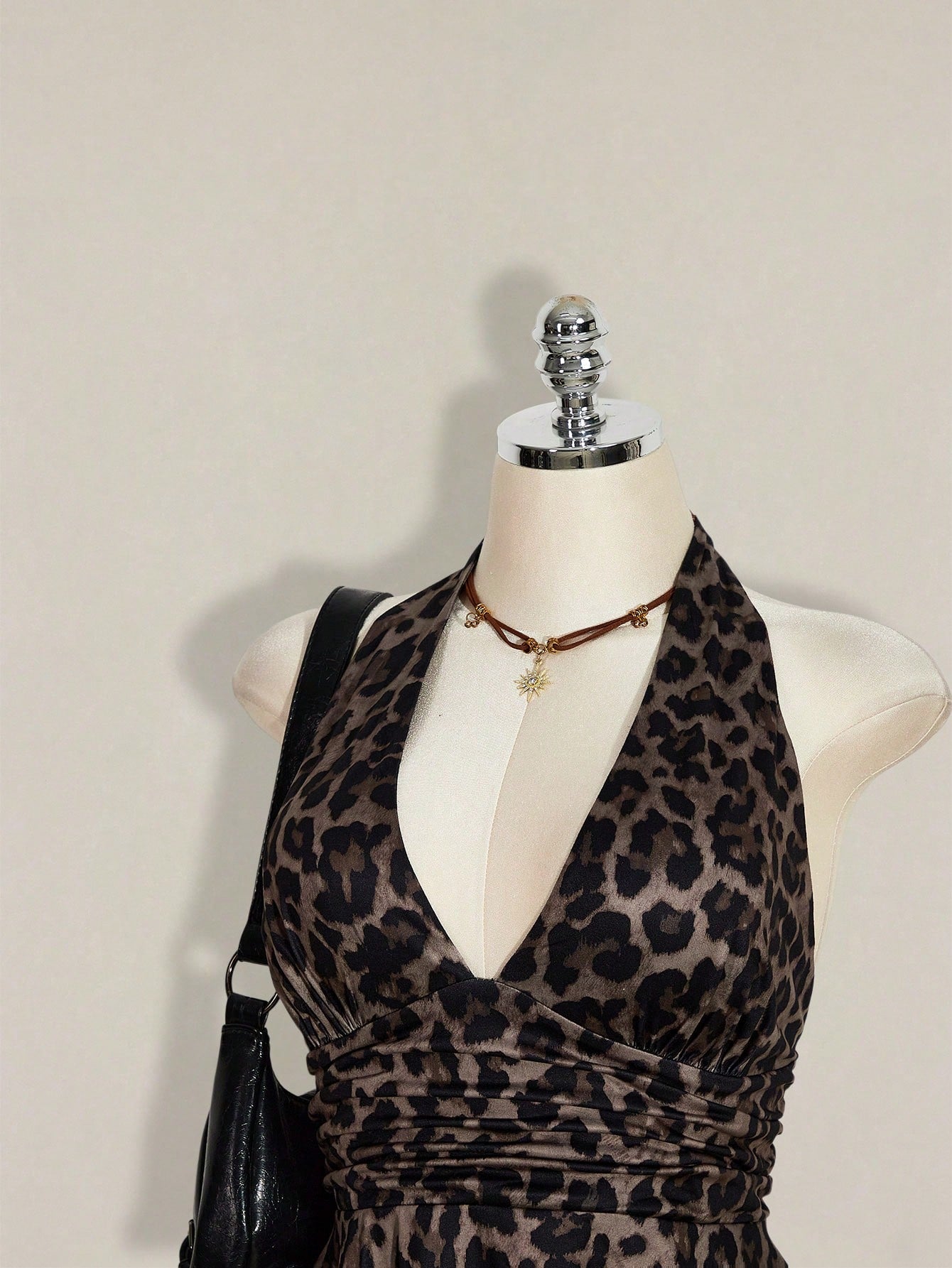 ICON Plus Size Women's Chocolate Brown Summer 70's Night Out Going Out Club Party Leopard Print Deep V Halter Neck Waist Gathered Retro Sexy Y2K Tops