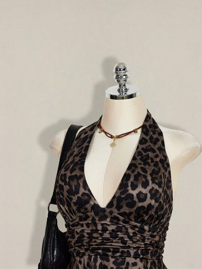 ICON Plus Size Women's Chocolate Brown Summer 70's Night Out Going Out Club Party Leopard Print Deep V Halter Neck Waist Gathered Retro Sexy Y2K Tops