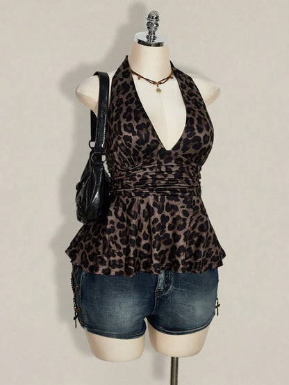 ICON Plus Size Women's Chocolate Brown Summer 70's Night Out Going Out Club Party Leopard Print Deep V Halter Neck Waist Gathered Retro Sexy Y2K Tops