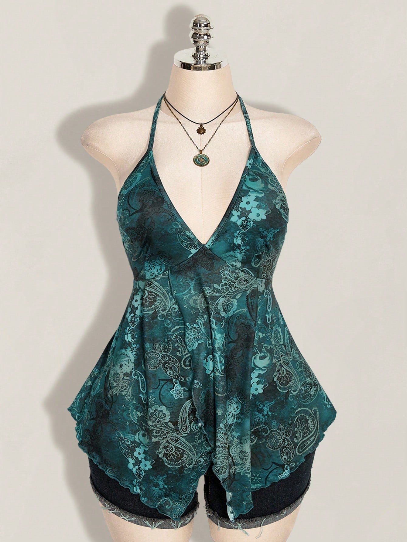 ICON Plus Size Women Spring And Summer Vacation Casual Retro Printed Backless Halter Y2k V Neck Western Boho Beach Hippie Babydoll Top