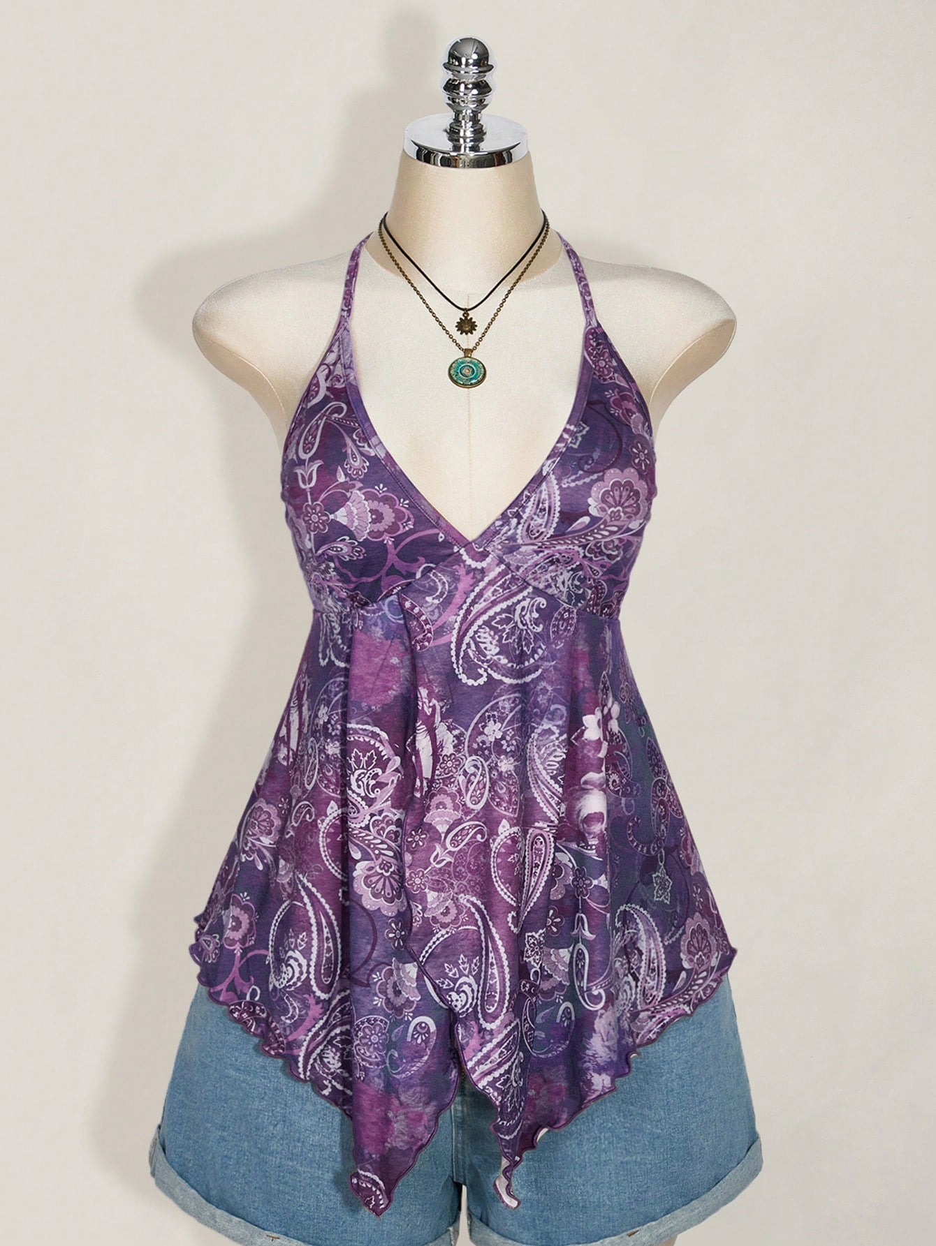 ICON Plus Size Women Spring And Summer Vacation Casual Retro Printed Backless Halter Y2k V Neck Western Boho Beach Hippie Babydoll Top