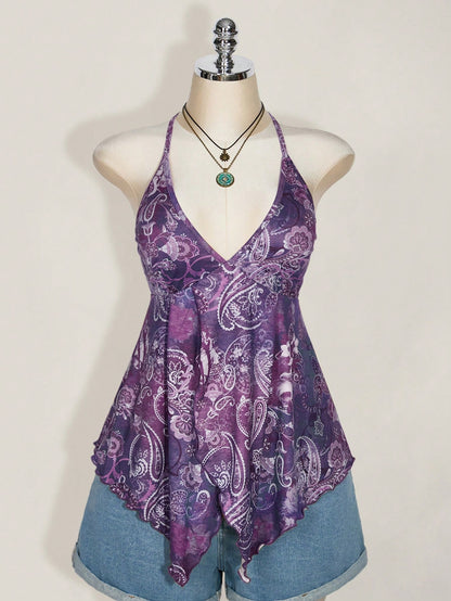 ICON Plus Size Women Spring And Summer Vacation Casual Retro Printed Backless Halter Y2k V Neck Western Boho Beach Hippie Babydoll Top