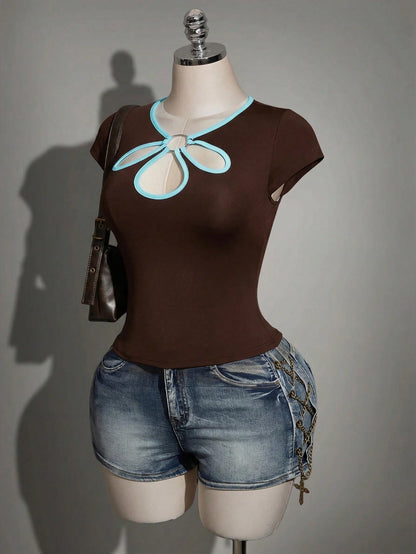 ICON Plus Size Y2K Chinese Style Knit Top, Cutout Water Drop Neckline Contrast Color Chinese Style Top, Cutout Contrast Color Floral Neckline Top