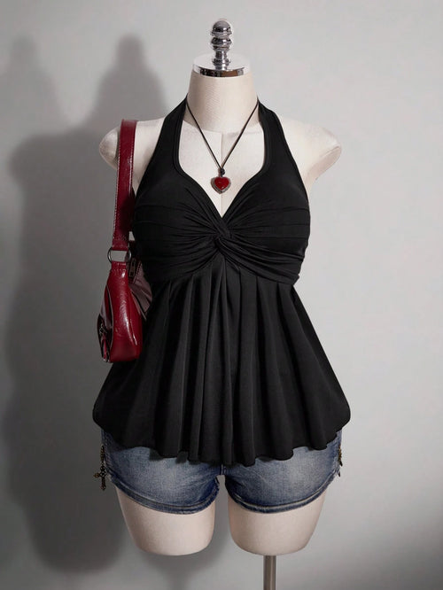 ICON Women's Plus Size Black Summer Slim Fit Top, Y2K 70's Sexy Sweetheart Halter Neck Tie-Up Chest Knot Pleated Hem Night Out Party Date Night Club