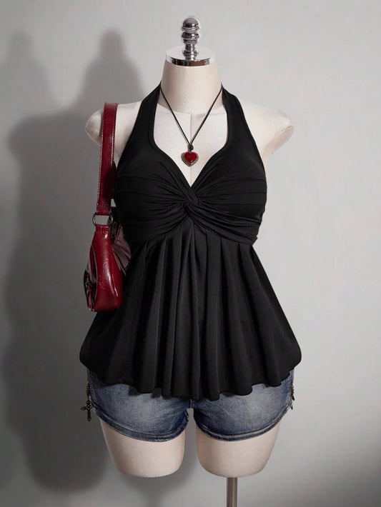 ICON Women's Plus Size Black Summer Slim Fit Top, Y2K 70's Sexy Sweetheart Halter Neck Tie-Up Chest Knot Pleated Hem Night Out Party Date Night Club