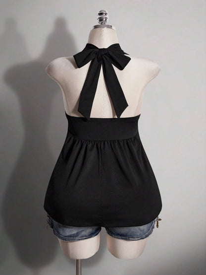 ICON Women's Plus Size Black Summer Slim Fit Top, Y2K 70's Sexy Sweetheart Halter Neck Tie-Up Chest Knot Pleated Hem Night Out Party Date Night Club
