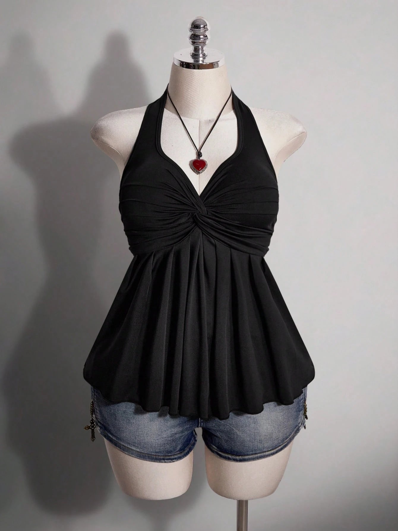ICON Women's Plus Size Black Summer Slim Fit Top, Y2K 70's Sexy Sweetheart Halter Neck Tie-Up Chest Knot Pleated Hem Night Out Party Date Night Club