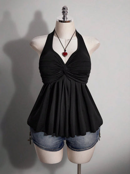 ICON Women's Plus Size Black Summer Slim Fit Top, Y2K 70's Sexy Sweetheart Halter Neck Tie-Up Chest Knot Pleated Hem Night Out Party Date Night Club