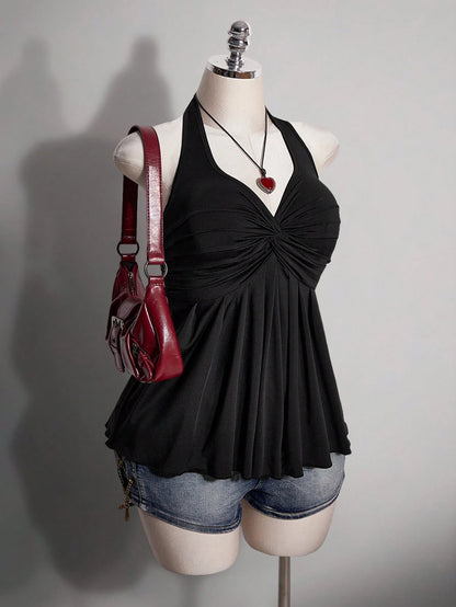 ICON Women's Plus Size Black Summer Slim Fit Top, Y2K 70's Sexy Sweetheart Halter Neck Tie-Up Chest Knot Pleated Hem Night Out Party Date Night Club