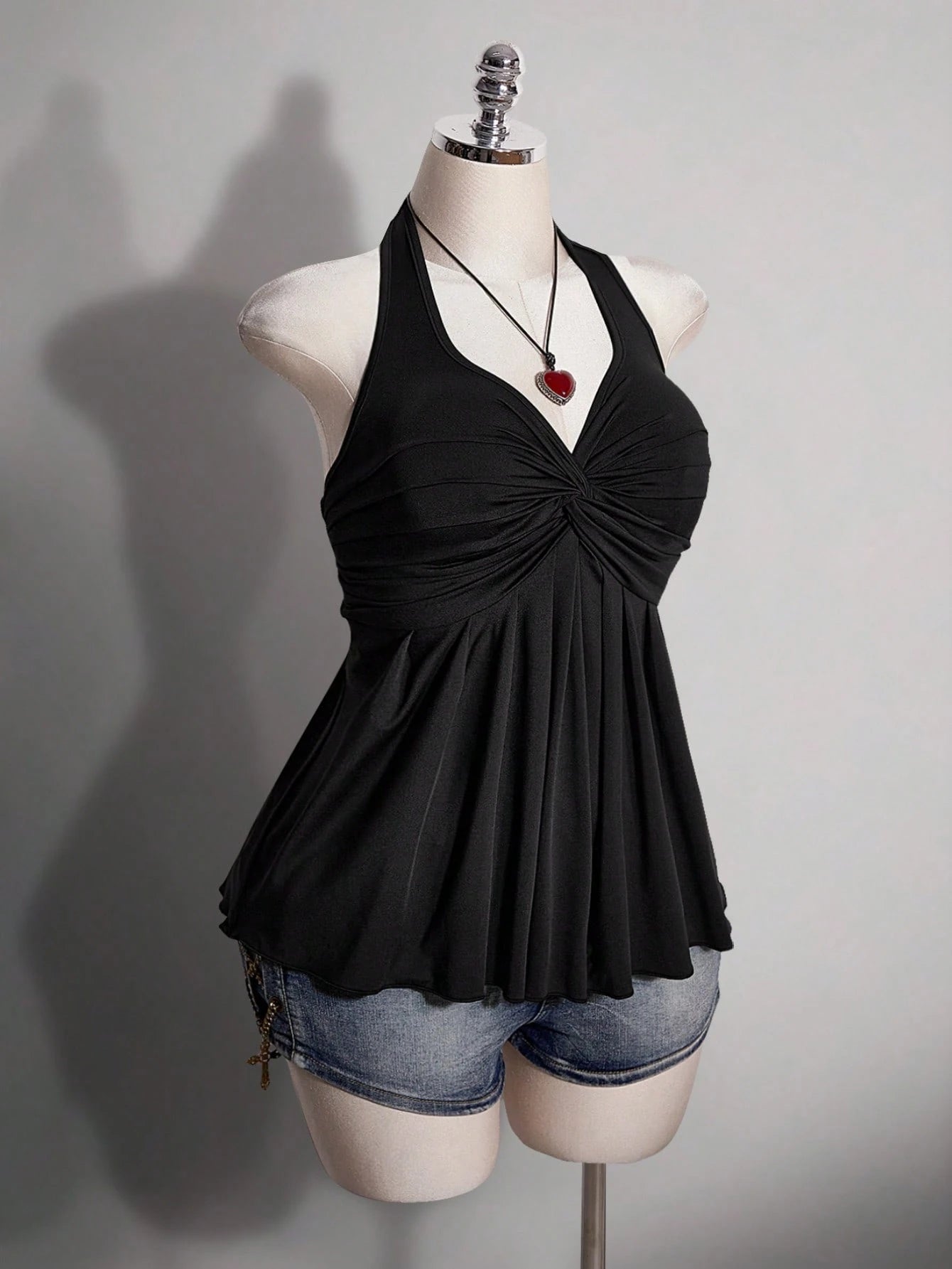 ICON Women's Plus Size Black Summer Slim Fit Top, Y2K 70's Sexy Sweetheart Halter Neck Tie-Up Chest Knot Pleated Hem Night Out Party Date Night Club