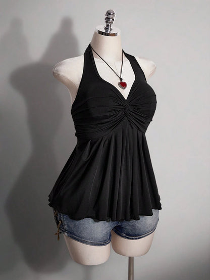 ICON Women's Plus Size Black Summer Slim Fit Top, Y2K 70's Sexy Sweetheart Halter Neck Tie-Up Chest Knot Pleated Hem Night Out Party Date Night Club