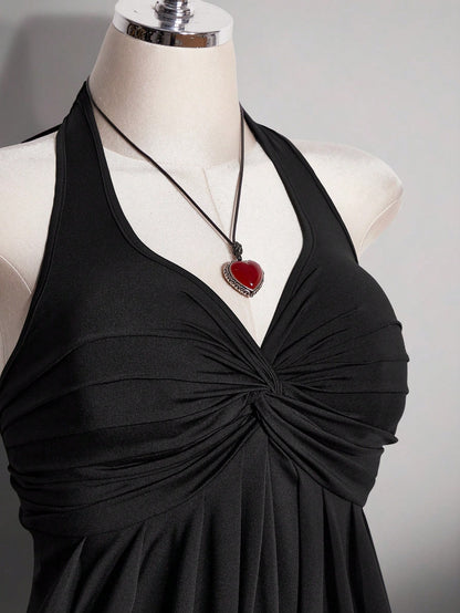 ICON Women's Plus Size Black Summer Slim Fit Top, Y2K 70's Sexy Sweetheart Halter Neck Tie-Up Chest Knot Pleated Hem Night Out Party Date Night Club