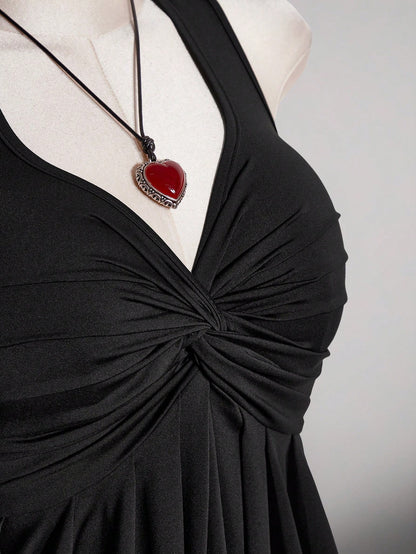 ICON Women's Plus Size Black Summer Slim Fit Top, Y2K 70's Sexy Sweetheart Halter Neck Tie-Up Chest Knot Pleated Hem Night Out Party Date Night Club