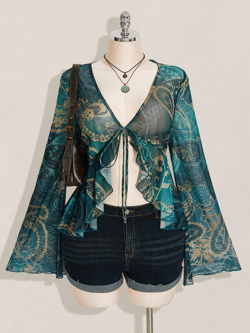 ICON Women's Plus-Size Sexy Retro Y2K/Boho-Chic Sheer Mesh Top – Blue-Green Paisley Print, V-Neck, Bell Sleeves, Front Tie, And Ruffled Hem (Autumn Style)
