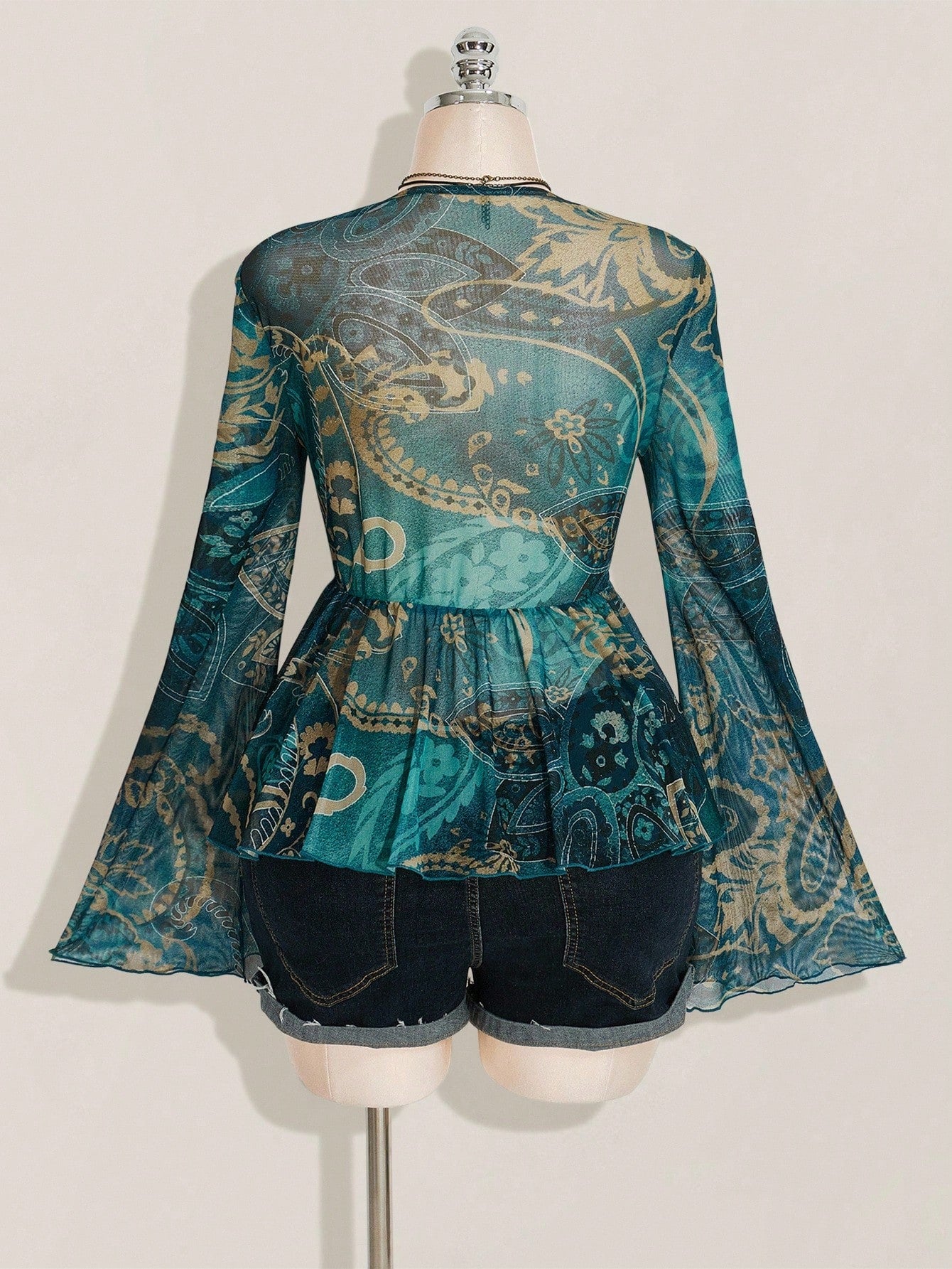ICON Women's Plus-Size Sexy Retro Y2K/Boho-Chic Sheer Mesh Top – Blue-Green Paisley Print, V-Neck, Bell Sleeves, Front Tie, And Ruffled Hem (Autumn Style)