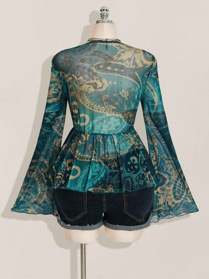 ICON Women's Plus-Size Sexy Retro Y2K/Boho-Chic Sheer Mesh Top – Blue-Green Paisley Print, V-Neck, Bell Sleeves, Front Tie, And Ruffled Hem (Autumn Style)