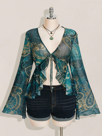 ICON Women's Plus-Size Sexy Retro Y2K/Boho-Chic Sheer Mesh Top – Blue-Green Paisley Print, V-Neck, Bell Sleeves, Front Tie, And Ruffled Hem (Autumn Style)