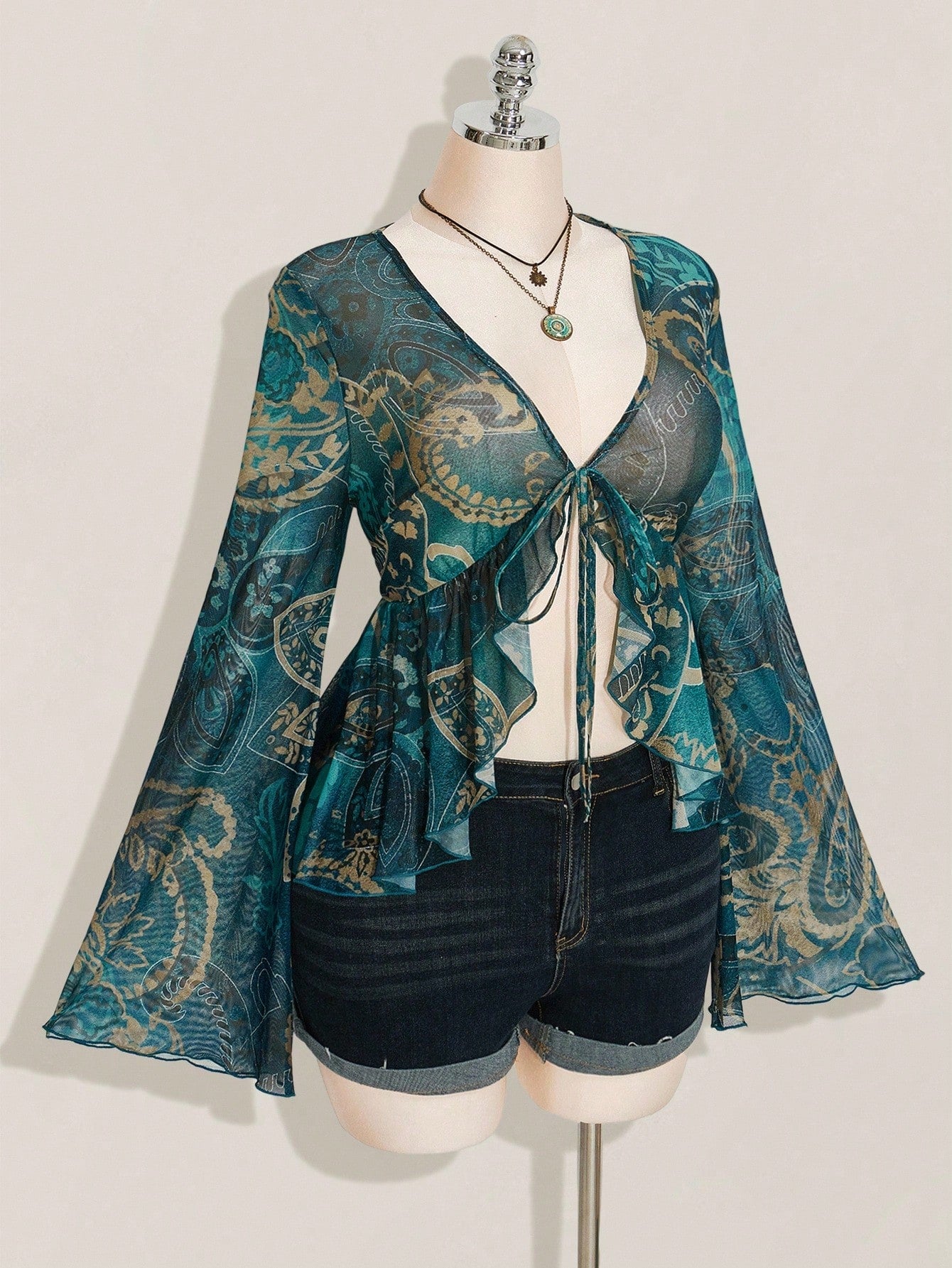ICON Women's Plus-Size Sexy Retro Y2K/Boho-Chic Sheer Mesh Top – Blue-Green Paisley Print, V-Neck, Bell Sleeves, Front Tie, And Ruffled Hem (Autumn Style)