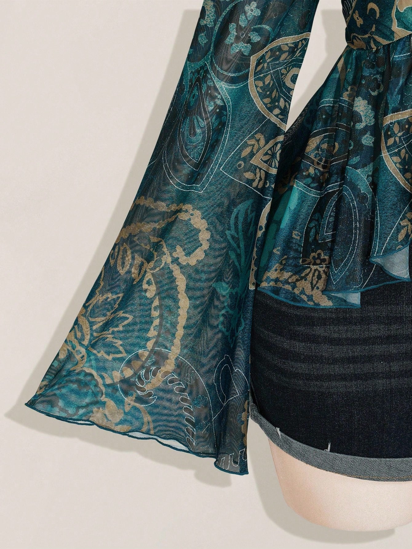 ICON Women's Plus-Size Sexy Retro Y2K/Boho-Chic Sheer Mesh Top – Blue-Green Paisley Print, V-Neck, Bell Sleeves, Front Tie, And Ruffled Hem (Autumn Style)