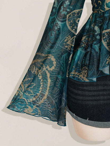 ICON Women's Plus-Size Sexy Retro Y2K/Boho-Chic Sheer Mesh Top – Blue-Green Paisley Print, V-Neck, Bell Sleeves, Front Tie, And Ruffled Hem (Autumn Style)