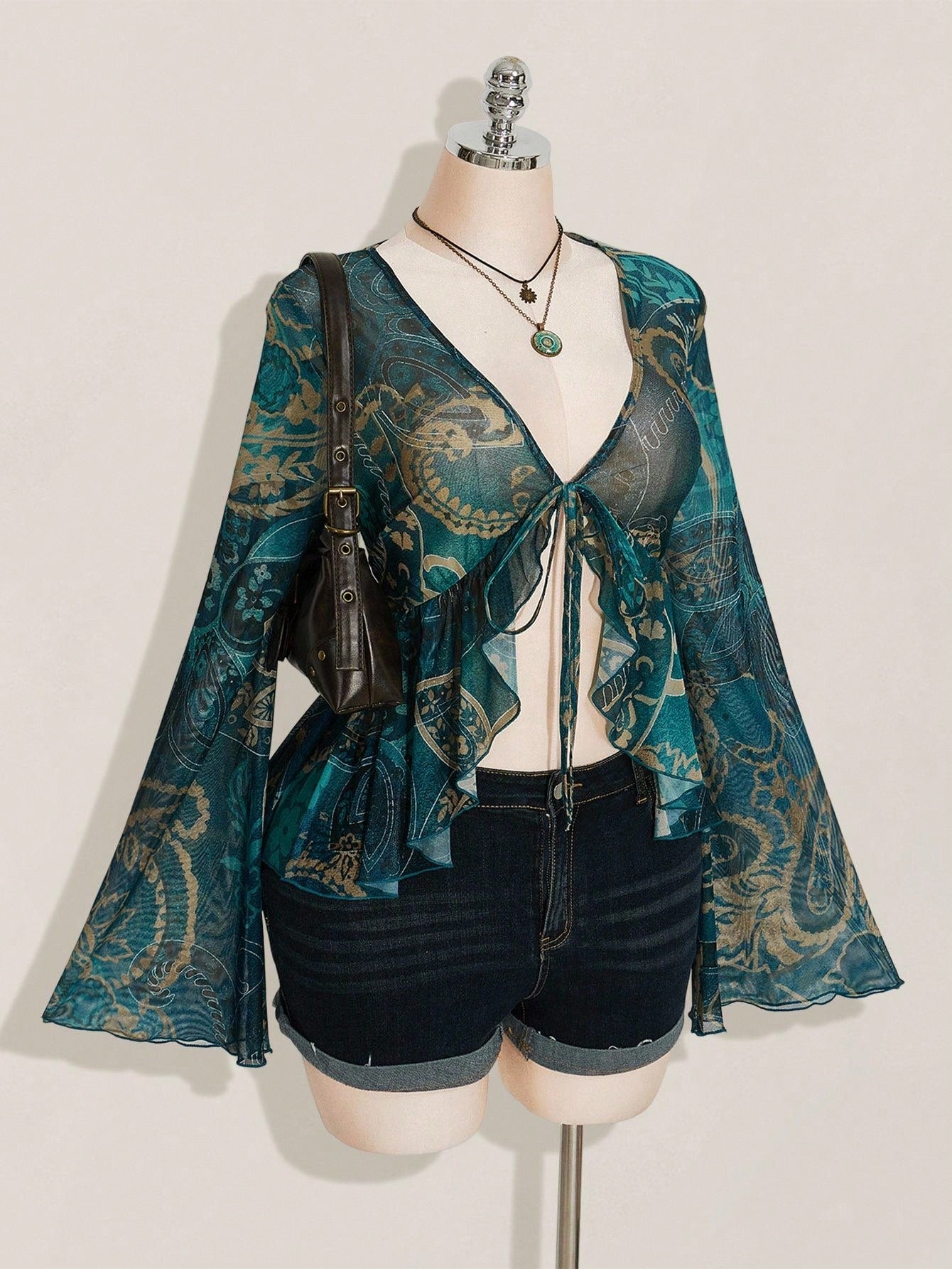 ICON Women's Plus-Size Sexy Retro Y2K/Boho-Chic Sheer Mesh Top – Blue-Green Paisley Print, V-Neck, Bell Sleeves, Front Tie, And Ruffled Hem (Autumn Style)