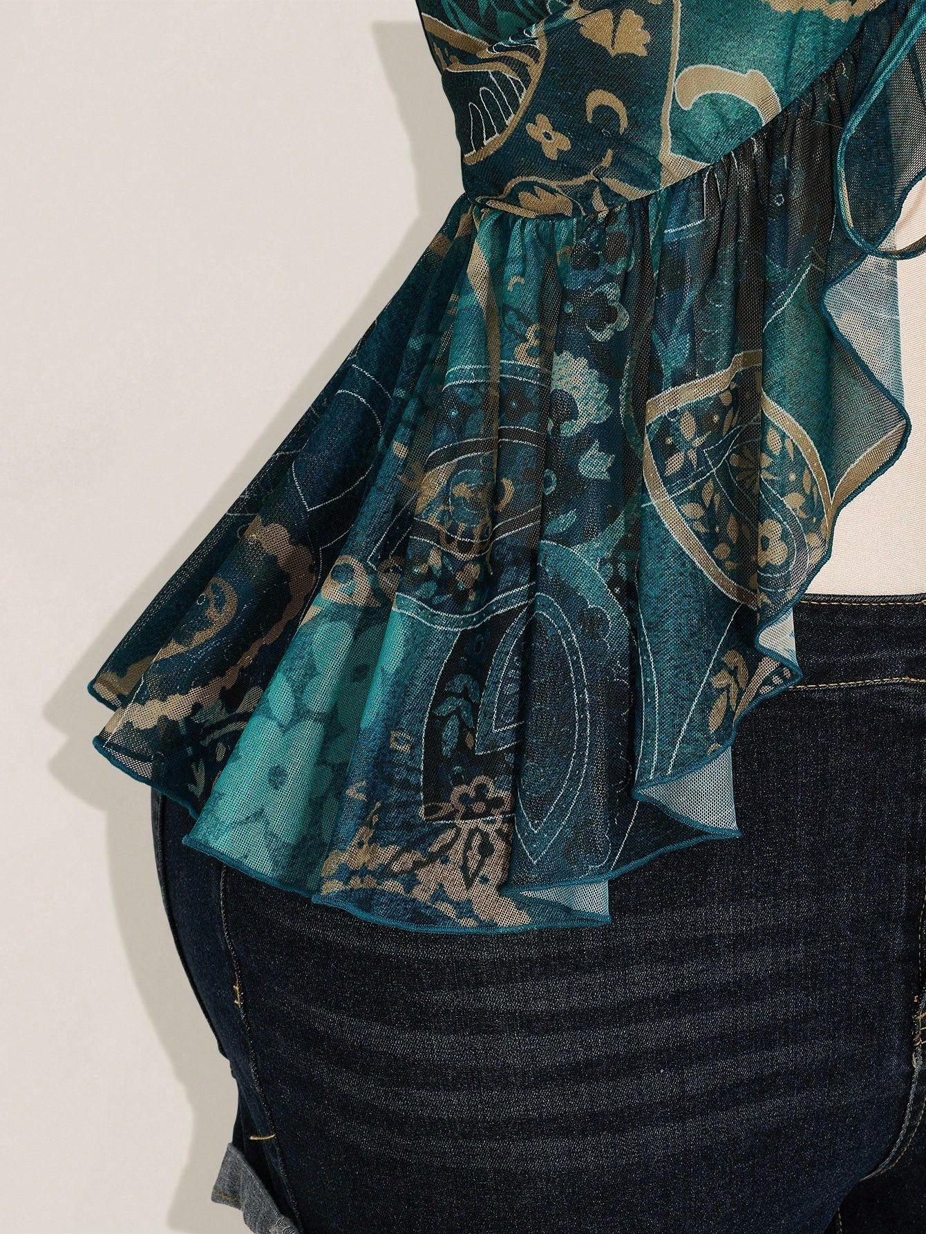 ICON Women's Plus-Size Sexy Retro Y2K/Boho-Chic Sheer Mesh Top – Blue-Green Paisley Print, V-Neck, Bell Sleeves, Front Tie, And Ruffled Hem (Autumn Style)