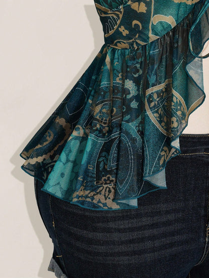 ICON Women's Plus-Size Sexy Retro Y2K/Boho-Chic Sheer Mesh Top – Blue-Green Paisley Print, V-Neck, Bell Sleeves, Front Tie, And Ruffled Hem (Autumn Style)