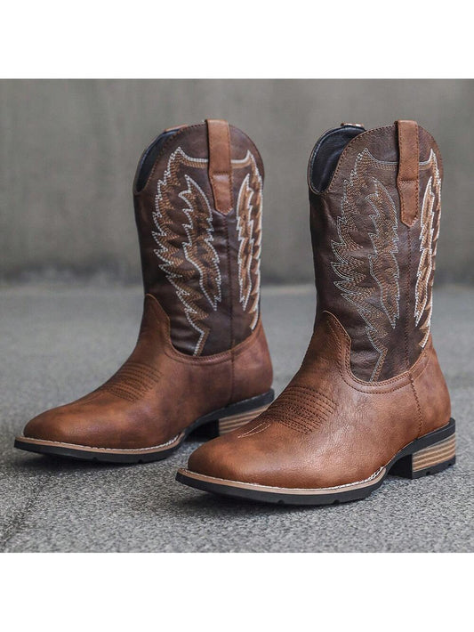 Ideal With Jacket,Men's Square Toe Cowboy Boots, Western Style Embroidered High Heel Pull On Ankle Boots For Fashionable Spring Autumn