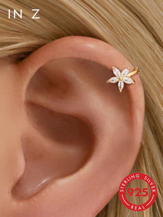 IN Z 1pc 925 Sterling Silver Flower Earrings, Inlaid With Shiny Cubic Zirconia, Featuring A Minimalist Clover Design, Suitable For Girls And Women For Daily Wear And Party